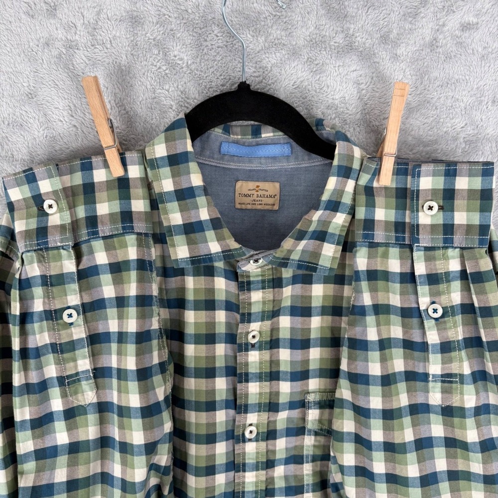 Tommy Bahama Jeans Plaid Long Sleeve Button Up Shirt Men Large Casual Green Blue - Picture 13 of 16